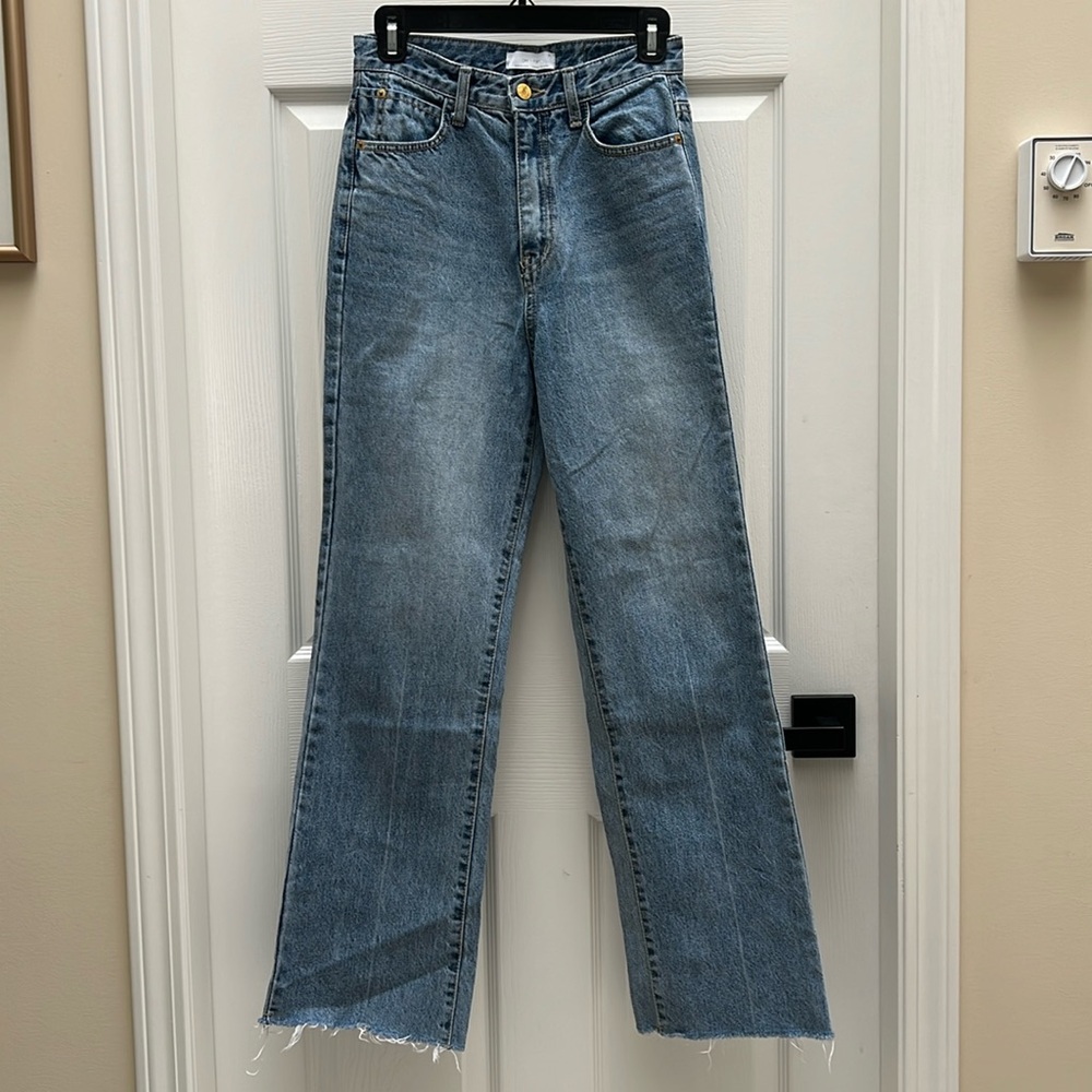 Oak + Fort | High waisted straight leg raw hem jeans